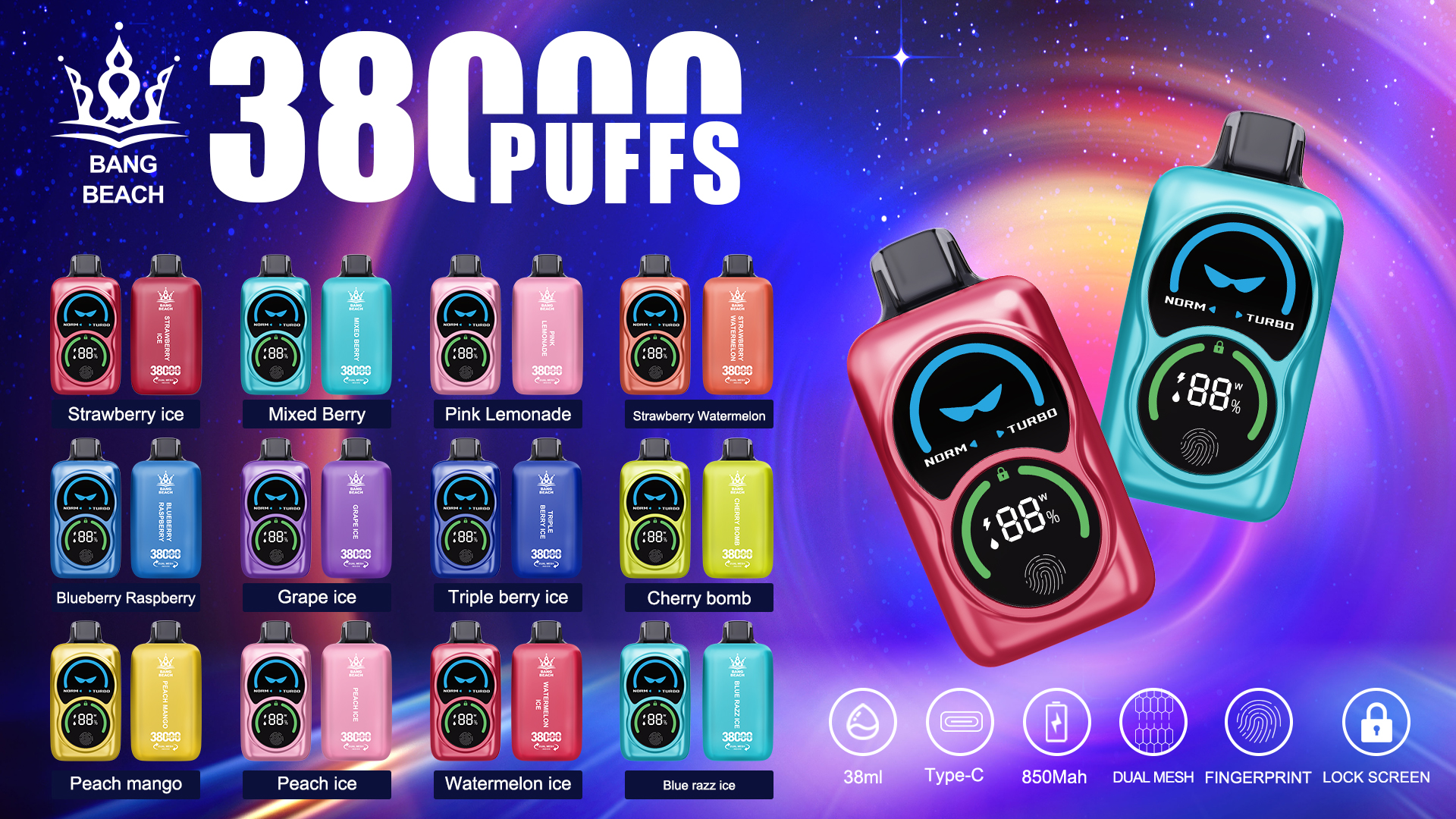 alfakarjuice.com Bang Beach 38K(38000) Puffs Fingerprint LED Display 0% 2% 3% 5% Nicotine 38 ml E-liquid Disposable Vape
