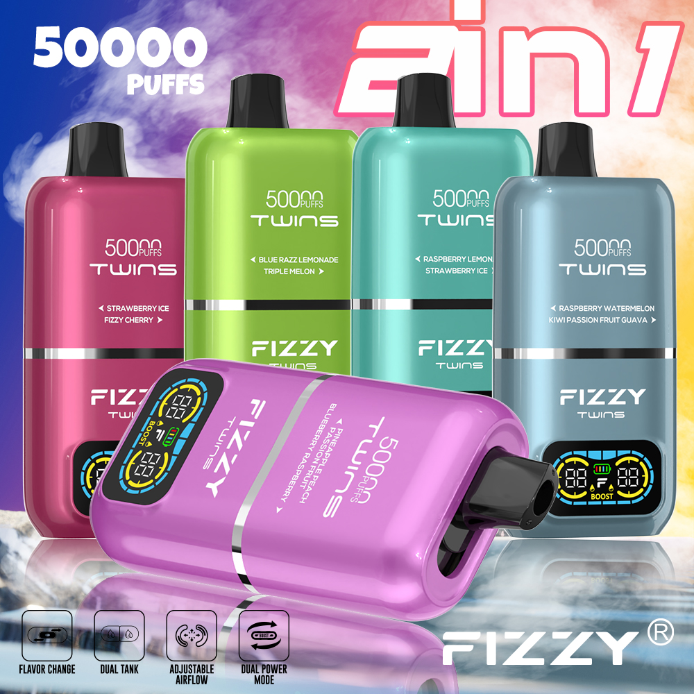 alfakarjuice.com FIZZY TWINS 50K(50000) Puffs Dual flavors 50ML of e-liquid mesh coil 850mAh battery 2%/5% nicotine LCD Screen Disposable Vape