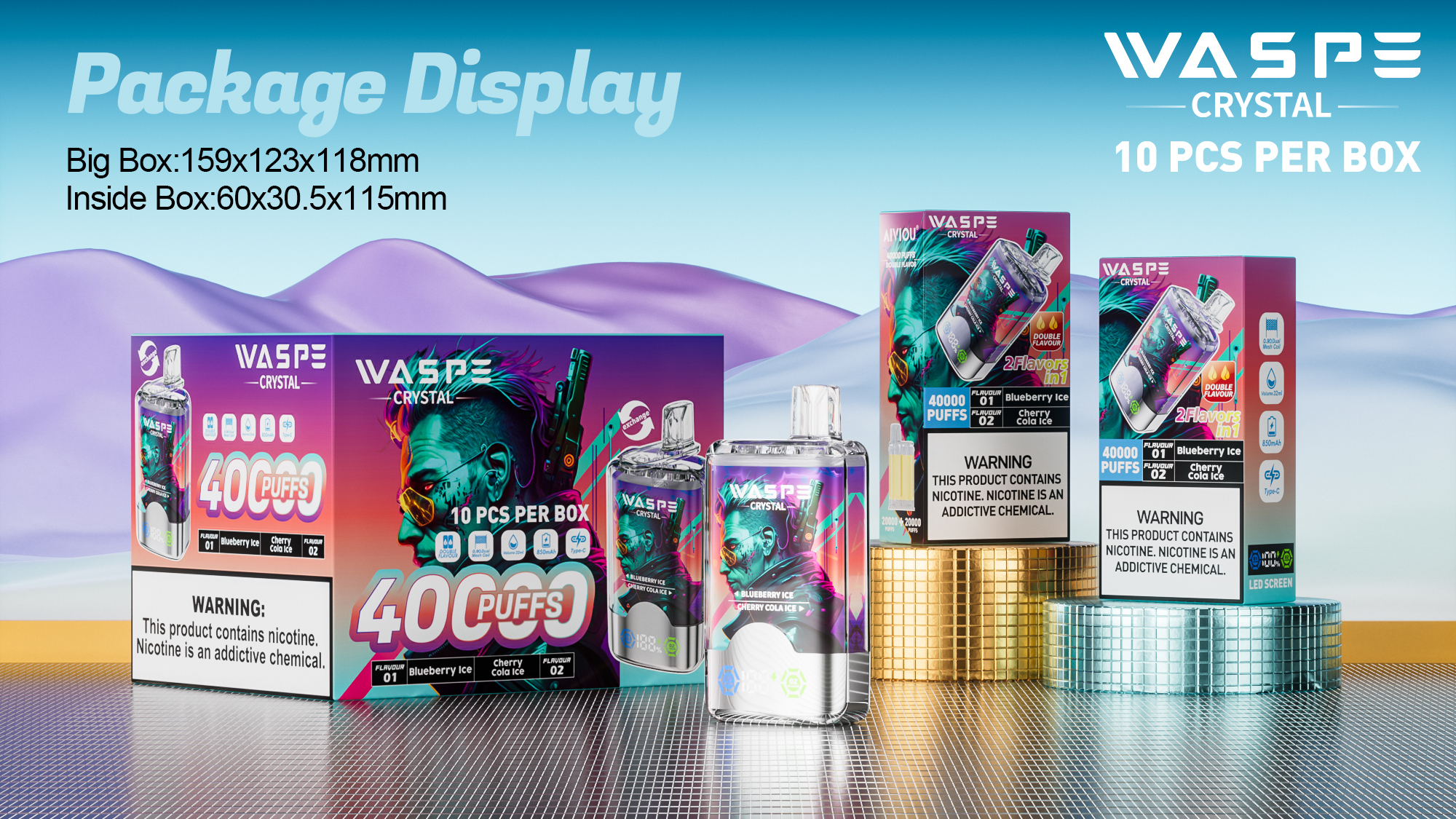 alfakarjuice.com WASPE Crystal Double Flavors 40K(40000) Puffs 32mL e-liquid 0% 2% or 5% Nicotine Smart LED Display Type-C charging Disposable Vape