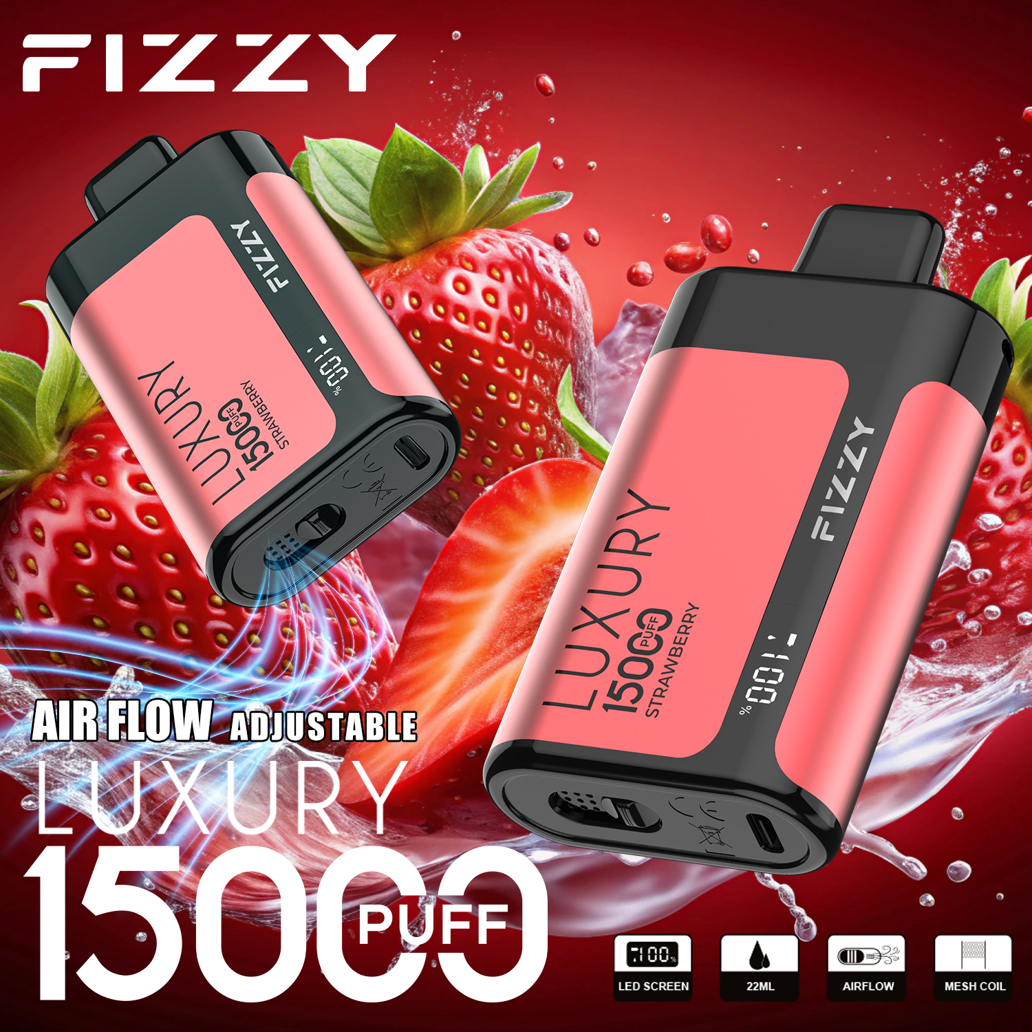 alfakarjuice.com Fizzy Luxury 15K(15000) Puffs 22ML E-liquid Mesh Coil LCD Screen Adjustable Air Flow Disposable Vape