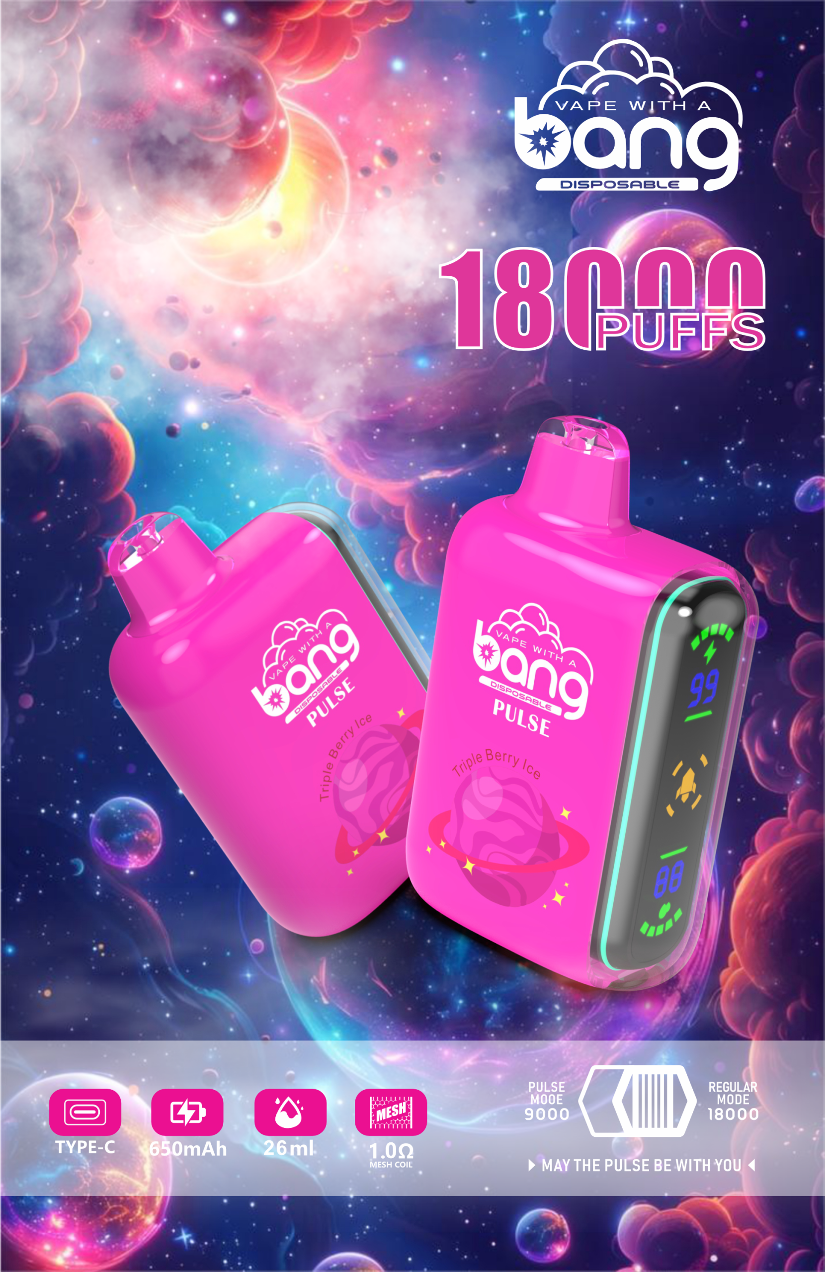 alfakarjuice.com Bang Pulse 18K(18000) Puffs Adjustable Airflow 26ml E-liquid 0% 2% 3% 5% Nicotine Type-C Charging Disposable Vape