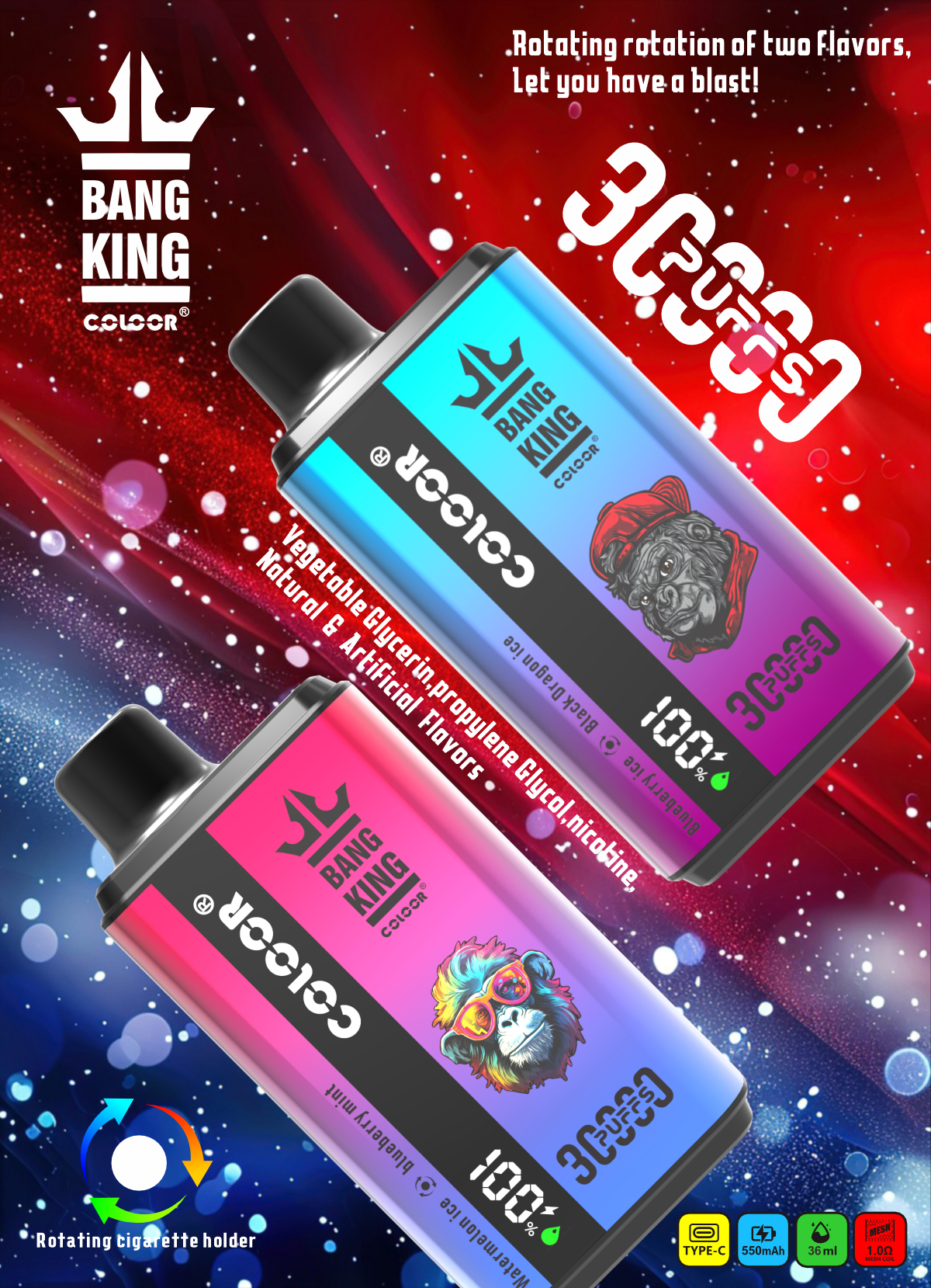 alfakarjuice.com Bang King 30K(30000) Puffs New Double Flavor 0% 2% 3% 5% Nicotine LED Digital Display 36ml E-liquid Disposable Vape
